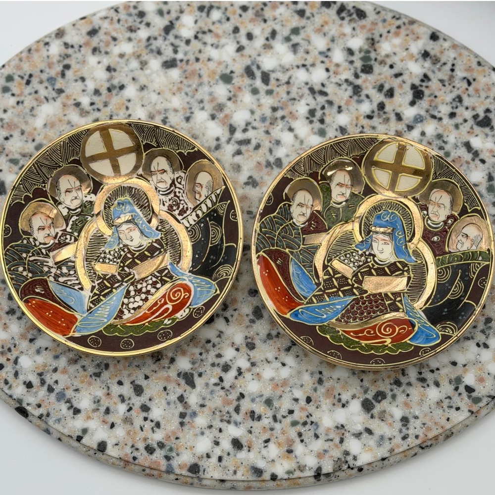 Vintage Wales China Moriage Hand Painted Japanese Immortals Small Saucers Pair